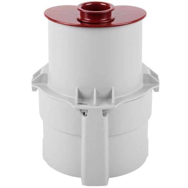 A white and red cylindrical container with a red lid.