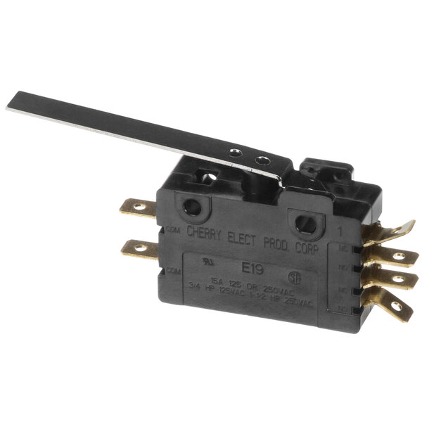 A black rectangular Multiplex microswitch with a long metal bar.