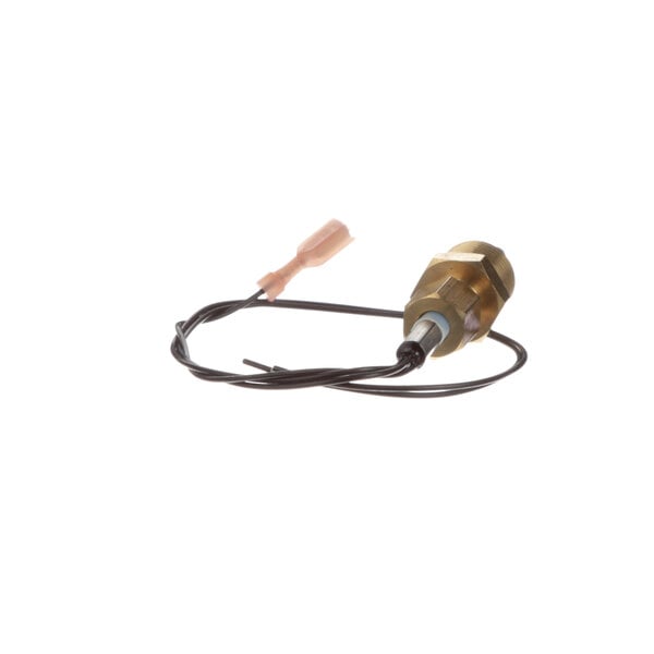 A close-up of a Hatco temperature probe with a brown and black wire attached.