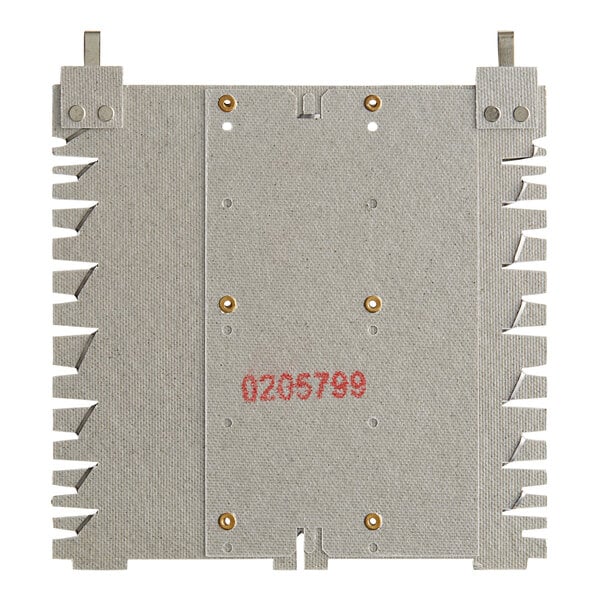 A grey metal plate with red text reading "02.05.799.00" and screw holes.