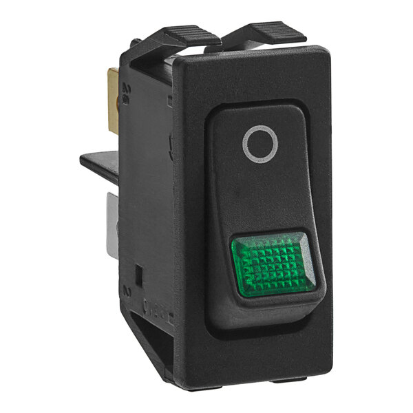 A Hatco green illuminated double pole switch with a black and green light.