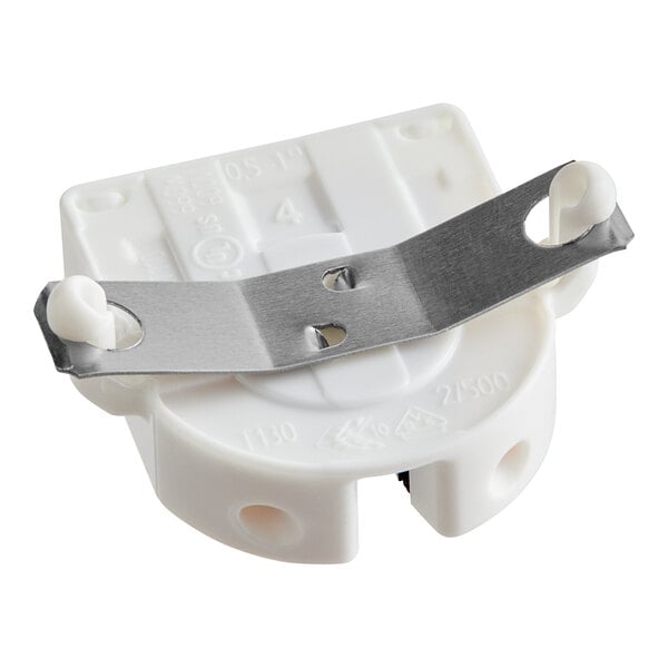 A white plastic Hatco lamp socket with two metal clips.