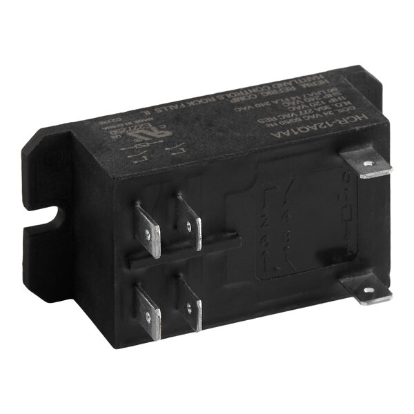 A black rectangular electrical relay with four metal prongs and white printed text on its surface.