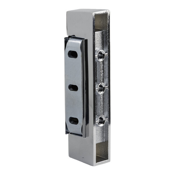A metal hinge with a rectangular base and three screw holes, designed for mounting on doors or panels.