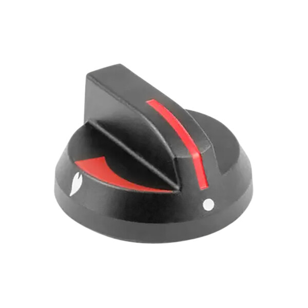 A close-up of a black and red Star 600 series knob with a white dot on the side.