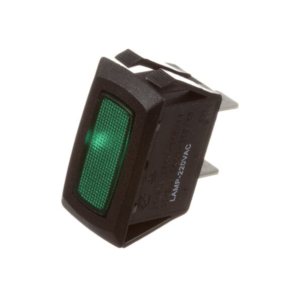 A close-up of a green light on a black Bunn Power On Lamp.