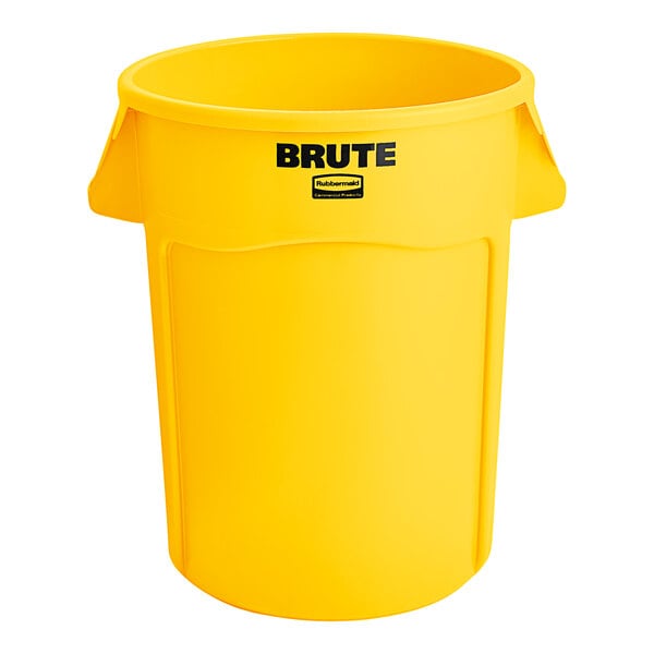 A yellow plastic bin with black text that says "brute" on it.