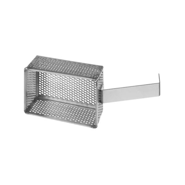 A stainless steel mesh basket with a handle.