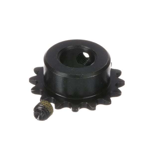 A close-up of a black Antunes drive sprocket with a nut on it.