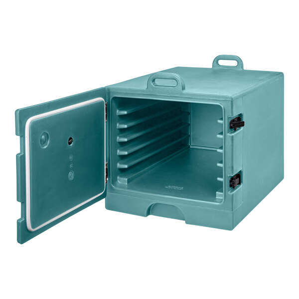A blue Cambro insulated tray and sheet pan carrier with a door open.
