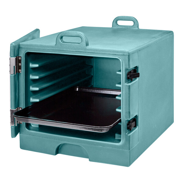 A blue plastic Cambro tray carrier with a black tray inside.