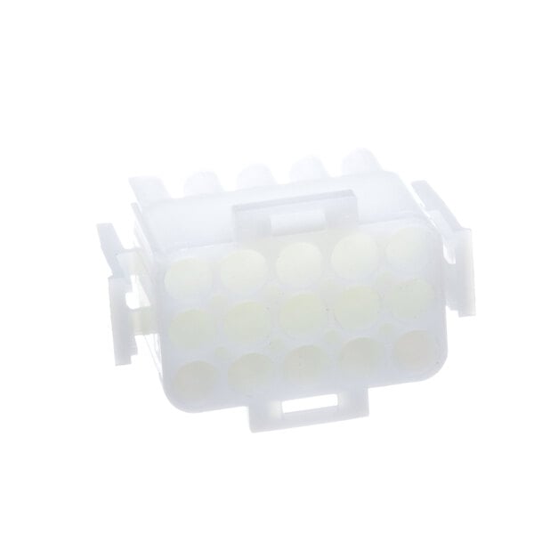 A white plastic Frymaster connector with 15 round holes.