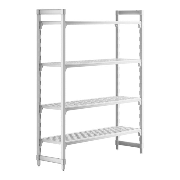 A white plastic Cambro Camshelving Premium shelving unit with 4 vented shelves.