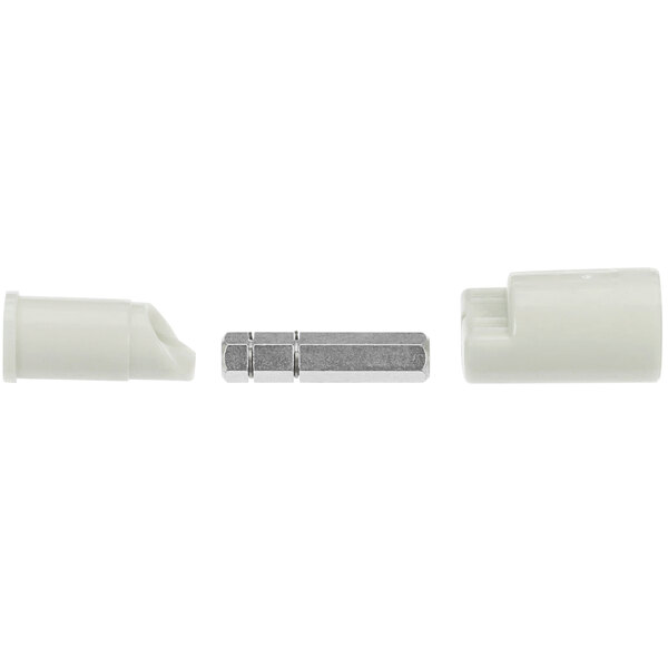 A white rectangular plastic connector with metal pins.