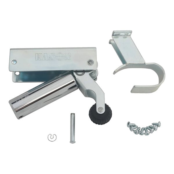 A metal door closure kit with mounting hardware and a roller, designed for flush doors.