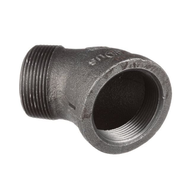 A black Cleveland 45 degree elbow pipe fitting with threaded ends.