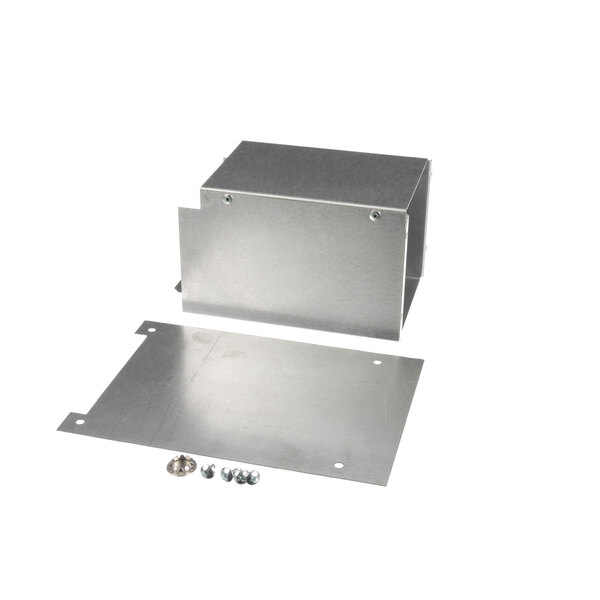 A metal box with screws and nuts on a metal plate.