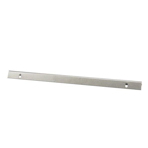 A Groen stainless steel hinge with two holes.