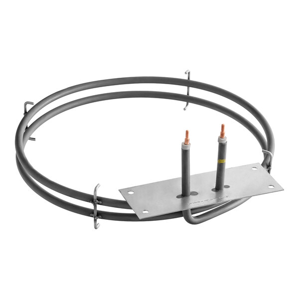 A circular metal heating element with two concentric rings and a mounting plate featuring two upright connectors.