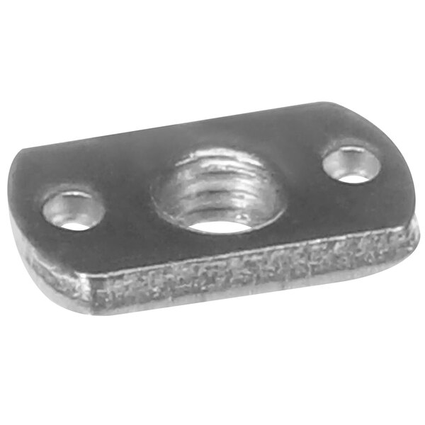 A nickel-plated Tri-Star weld nut with two holes.