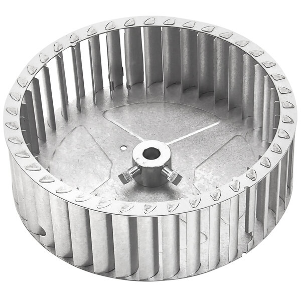 A circular metal Tri-Star blower wheel with a hole in the center.