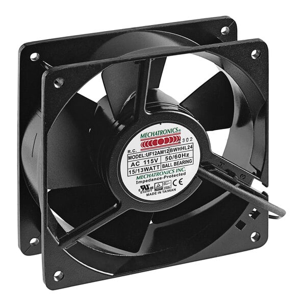 A black Hatco axial fan with a white label.