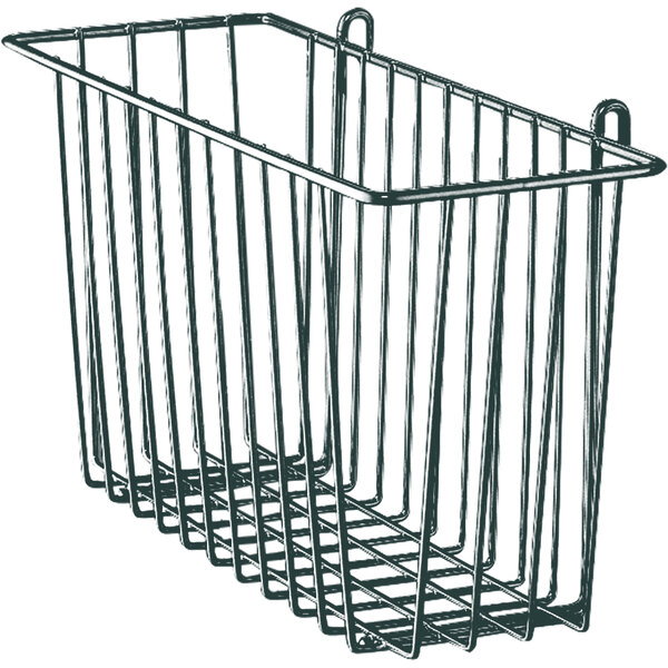 A Metro smoked glass storage basket for wire shelving with wire handles.
