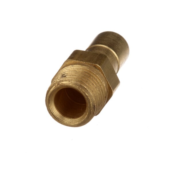 A close-up of a brass threaded pipe fitting.