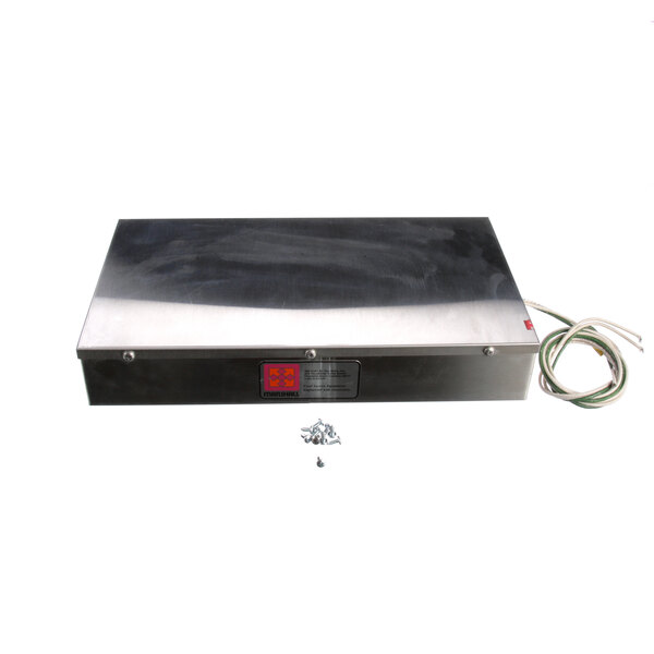 A close-up of a stainless steel Marshall Air Thermaglow box with wires and a red button.