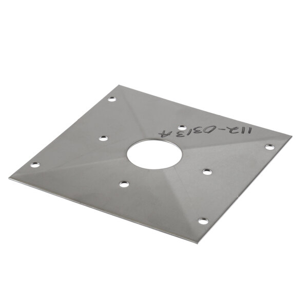 A metal motor mount plate with holes.
