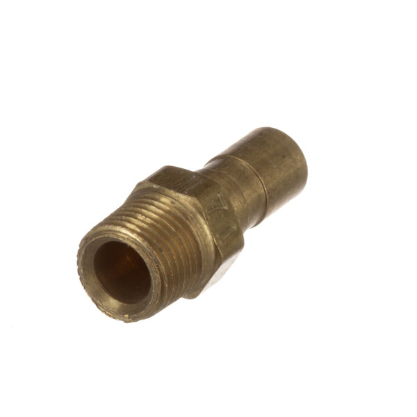 A close-up of a brass threaded pipe fitting.