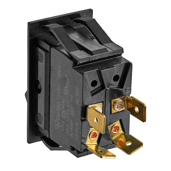 A black power switch with brass electrical terminals designed for electrical appliances.