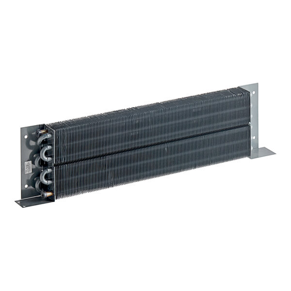 A close-up of a grey rectangular metal evaporator coil with two wires.