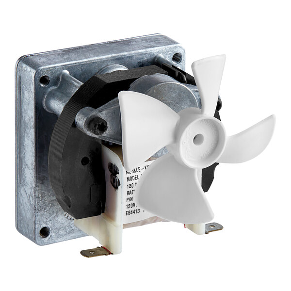 A metal fan with a white blade.