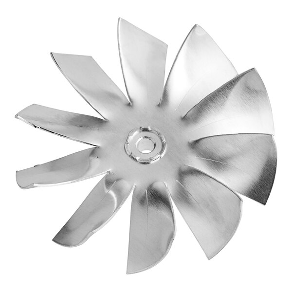 A silver metal Hatco fan blade with a hole in the center.