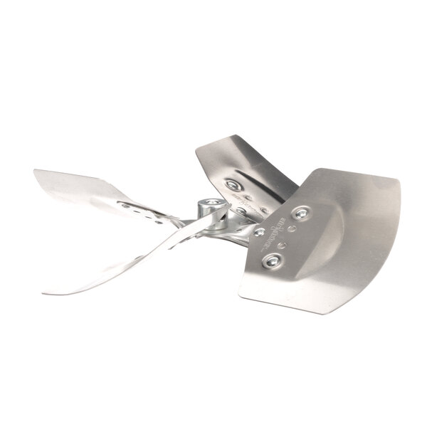 A metal fan blade with two blades.