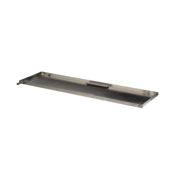 A rectangular metal drip pan with a handle.