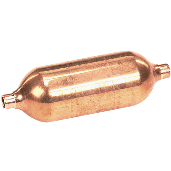 A copper colored metal cylinder with a small copper tube.