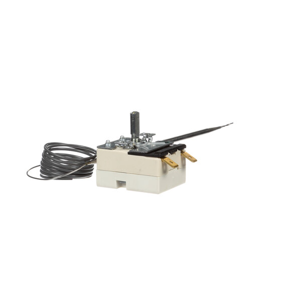 A small white electronic thermostat with cables.