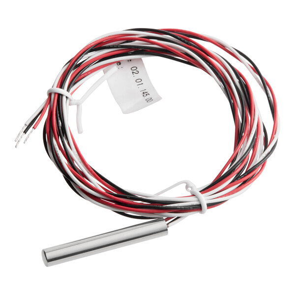 A Hatco 02.01.145.00 T-Stat probe with red, black, and white wires attached to a cylindrical metal sensor.