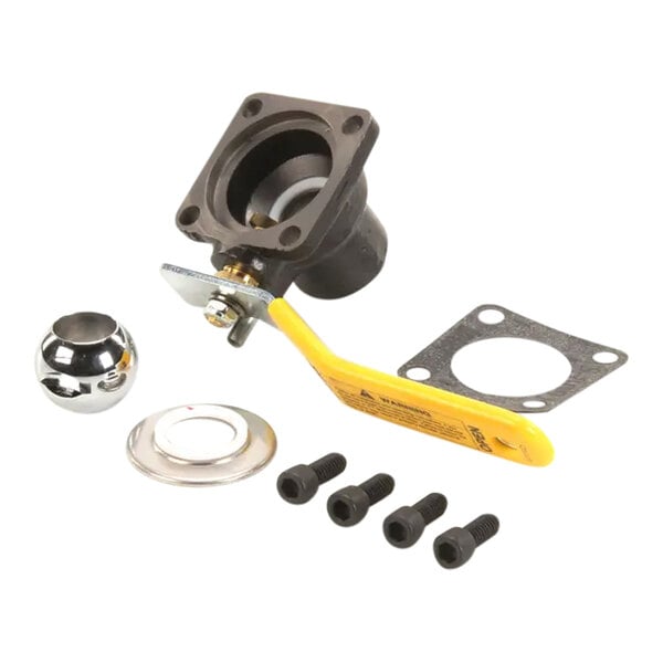 A blowdown valve kit with a yellow handle, metal ball, gasket, metal ring, and four screws, designed for a Southbend 4-Wc67.