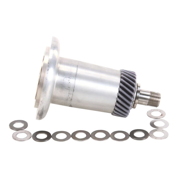 A metal gear and washer assembly with a couple of small rings.