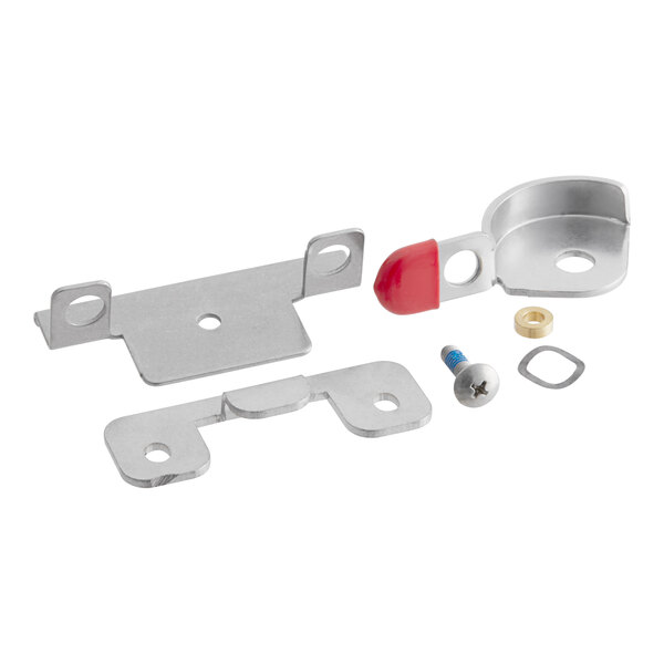 A close-up of a Cres Cor latch kit with metal parts and screws.