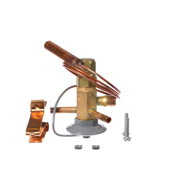 A close-up of a copper Beverage-Air expansion valve with a screw.