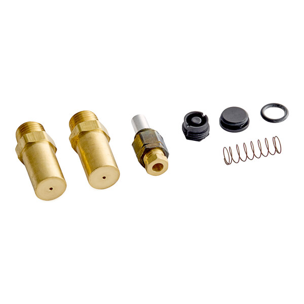 Several brass and metal components, a spring, and small black and silver parts are arranged in a row on a white background.