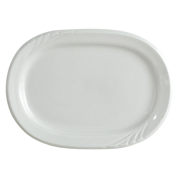 A Tuxton Bright White China platter with an embossed rim.