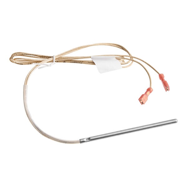 A temperature probe with attached wiring and connectors.