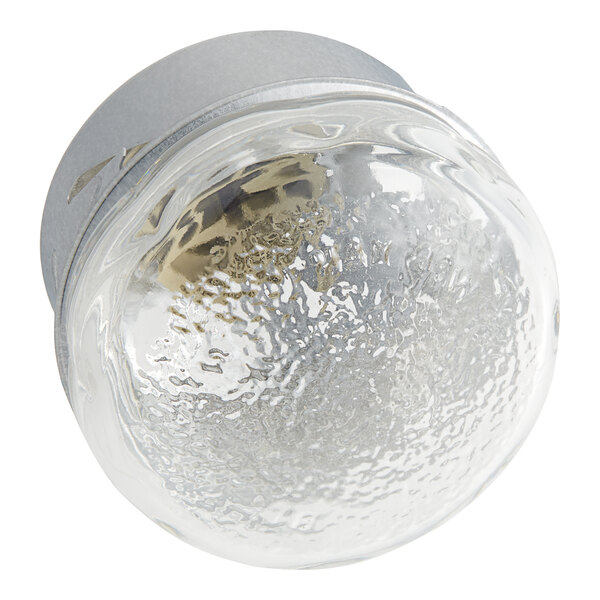 A close up of a silver light bulb with glass on a white background.