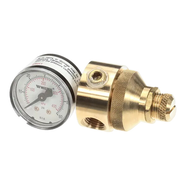 A brass pressure regulator with an attached pressure gauge.