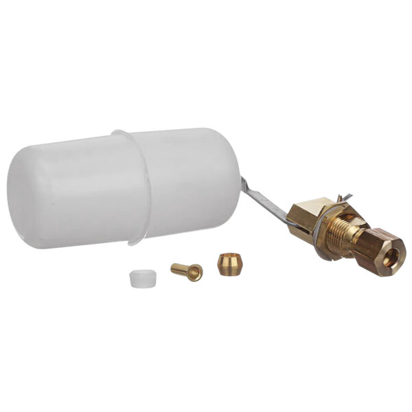 A white plastic Cornelius float valve with brass fittings.